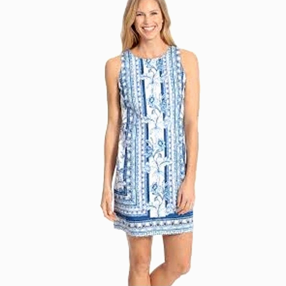 London Times Dress Blue White Mini Sheath Dress Sleeveless